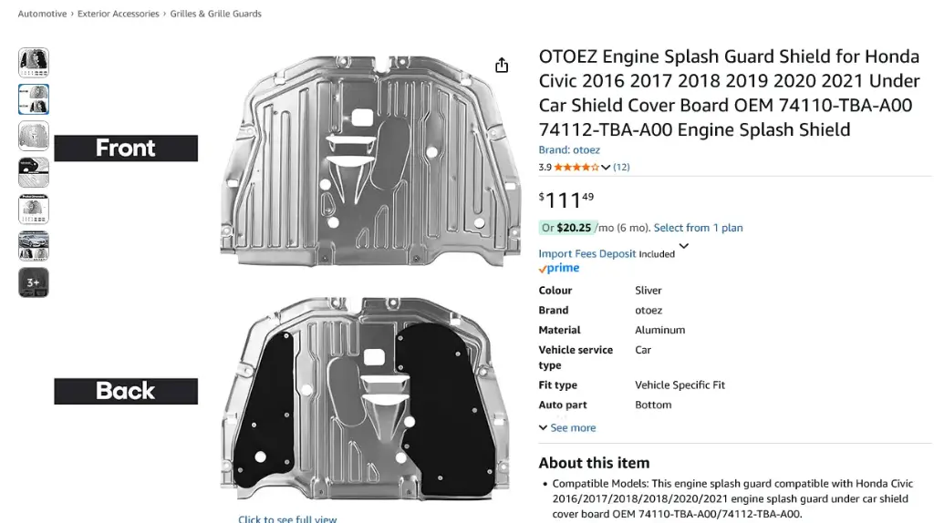 Screenshot 2025-08-16 at 21-36-36 OTOEZ Engine Splash Guard Shield for Honda Civic 2016 2017 2018 2019 2020 2021 Under Car Shield Cover Board OEM 74110-TBA-A00 74112-TBA-A00 Engine Splash Shield Grilles & Grille Guards - Amaz[...].webp
