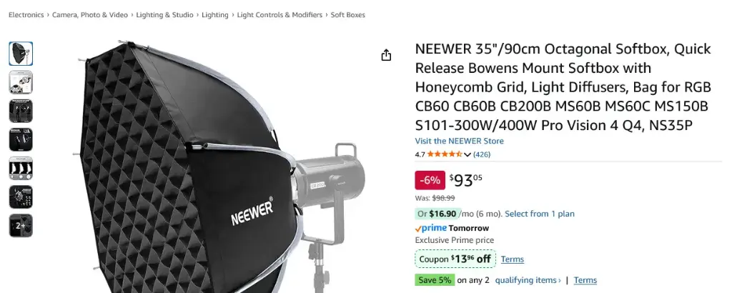 Screenshot 2025-08-16 at 21-38-51 NEEWER 35 _90cm Octagonal Softbox Quick Release Bowens Mount Softbox with Honeycomb Grid Light Diffusers Bag for RGB CB60 CB60B CB200B MS60B MS60C MS150B S101-300W_400W Pro Vision 4 Q4 NS35P [...].webp