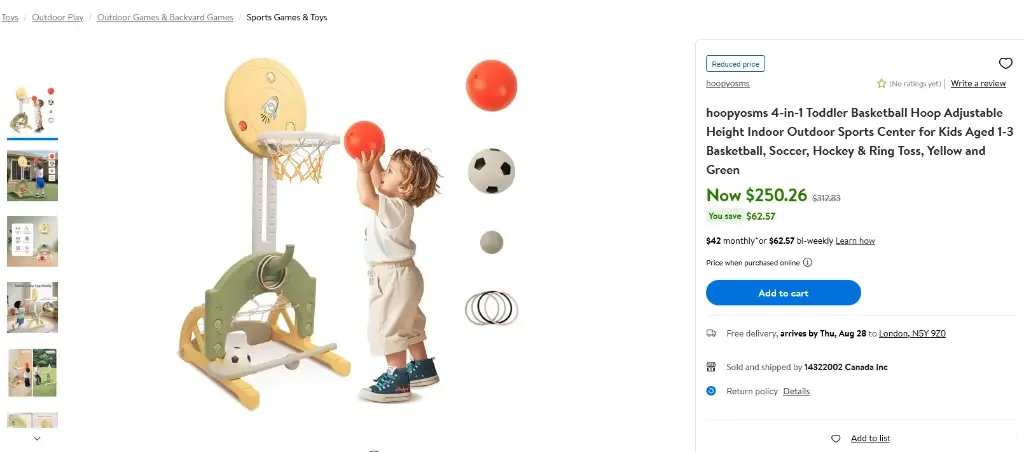 Screenshot 2025-08-16 at 22-21-28 hoopyosms 4-in-1 Toddler Basketball Hoop Adjustable Height Indoor Outdoor Sports Center for Kids Aged 1-3 Basketball Soccer Hockey & Ring Toss Yellow and Green - Walmart.ca.webp