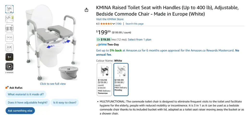 Screenshot 2025-08-16 at 22-24-08 KMINA Raised Toilet Seat with Handles (Up to 400 lb) Adjustable Bedside Commode Chair - Made in Europe (White) Amazon.ca Health & Personal Care.webp