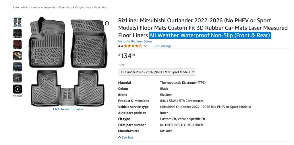 Screenshot 2025-08-22 at 20-39-41 RizLiner Mitsubishi Outlander 2022-2026 (No PHEV or Sport Models) Floor Mats Custom Fit 3D Rubber Car Mats Laser Measured Floor Liners All Weather Waterproof Non-Slip (Front & Rear) Floor Mat[...].webp
