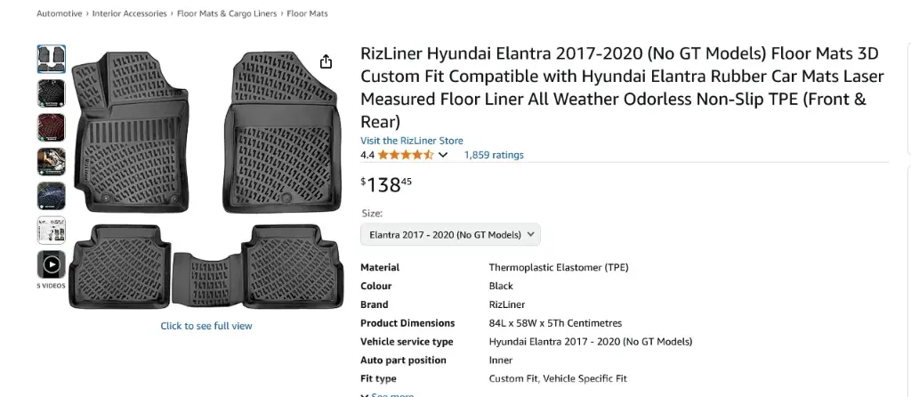 Screenshot 2025-08-22 at 20-46-12 RizLiner Hyundai Elantra 2017-2020 (No GT Models) Floor Mats 3D Custom Fit Compatible with Hyundai Elantra Rubber Car Mats Laser Measured Floor Liner All Weather Odorless Non-Slip TPE (Front [...].webp