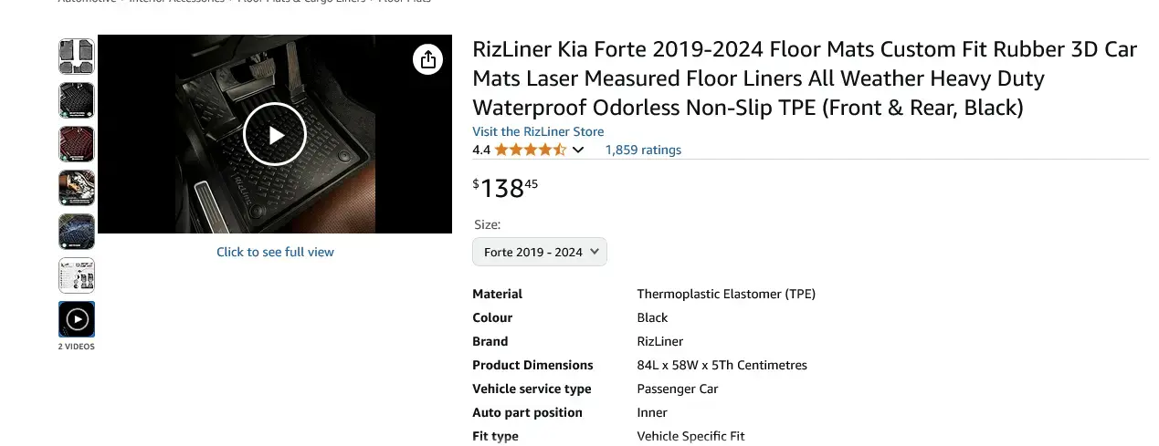 Screenshot 2025-08-22 at 20-51-05 RizLiner Kia Forte 2019-2024 Floor Mats Custom Fit Rubber 3D Car Mats Laser Measured Floor Liners All Weather Heavy Duty Waterproof Odorless Non-Slip TPE (Front & Rear Black) Floor Mats - Ama[...].webp
